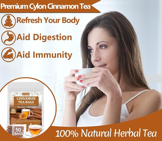 Premium 50 Pure Ceylon Cinnamon Tea Bags, Made with 100% Ceylon Cinnamon Sticks, No Additives & Caffeine Free.