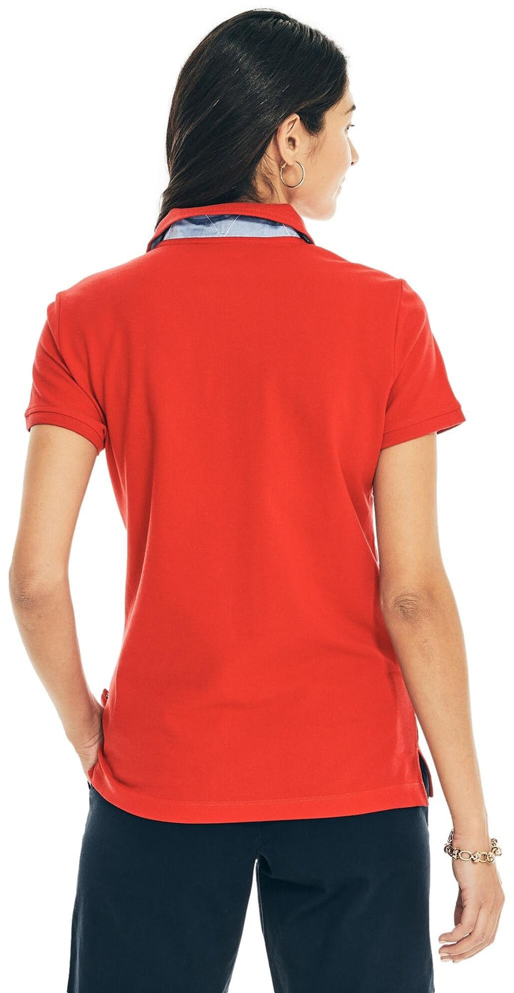 Nautica Women's 5-Button Classic fit Short Sleeve Polo Shirt, BrightRed, L