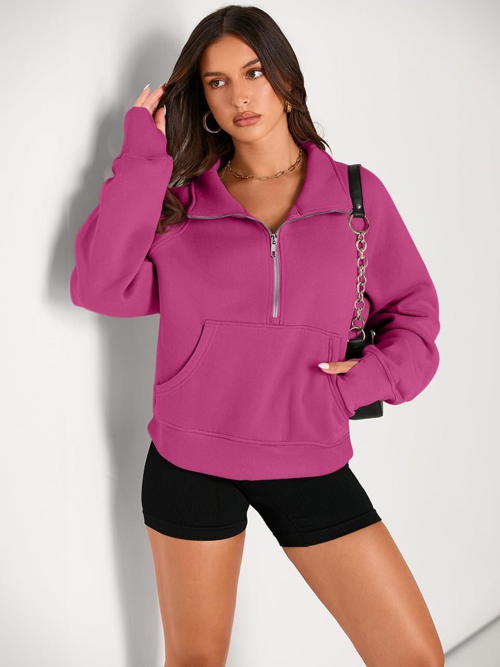 AUTOMET Womens Sweatshirts Long Sleeve Tops Hoodies Shirts Half Zip Pullover Cropped Oversized 2024 Fall Fashion Outfits Sweaters Hotpink