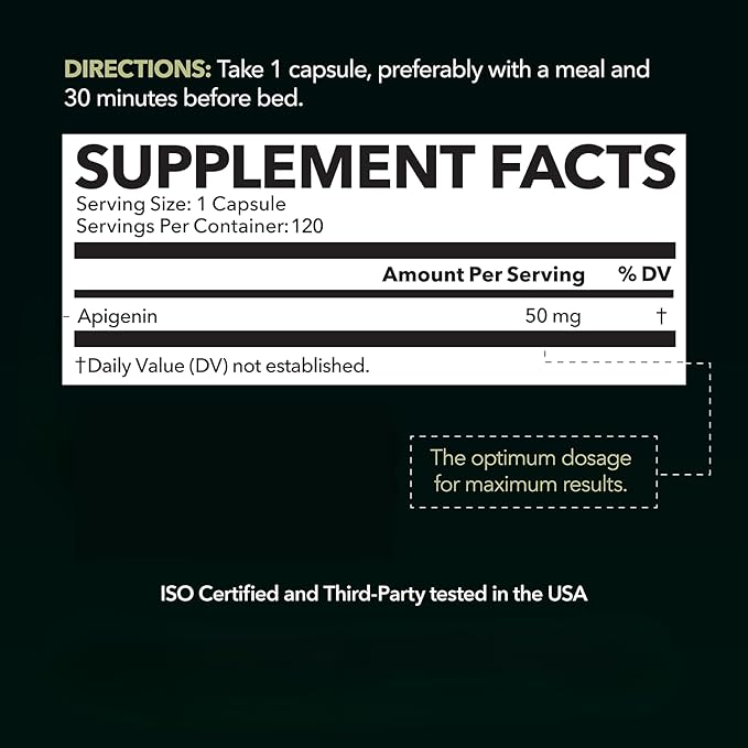 Apigenin Capsules 50mg - 120 Count Vegan, Non-GMO, Sleep & Cognitive Support Supplement - Chamomile Flavonoid for Relaxation, Prostate Health, Melatonin-Free, Liposomal Formula for Enhanced Absorption