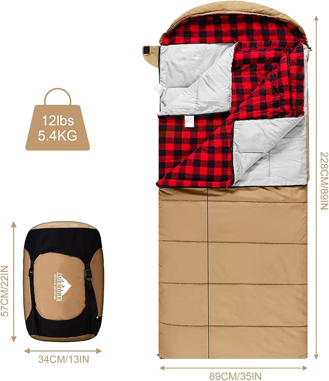 AGEMORE 0 Degree Canvas Sleeping Bag for Fishing, Hunting, Traveling and Camping Particularly in Cold Winter Outdoor with Removable Flannel Liner and Free Compression Sack for Big and Tall Adults