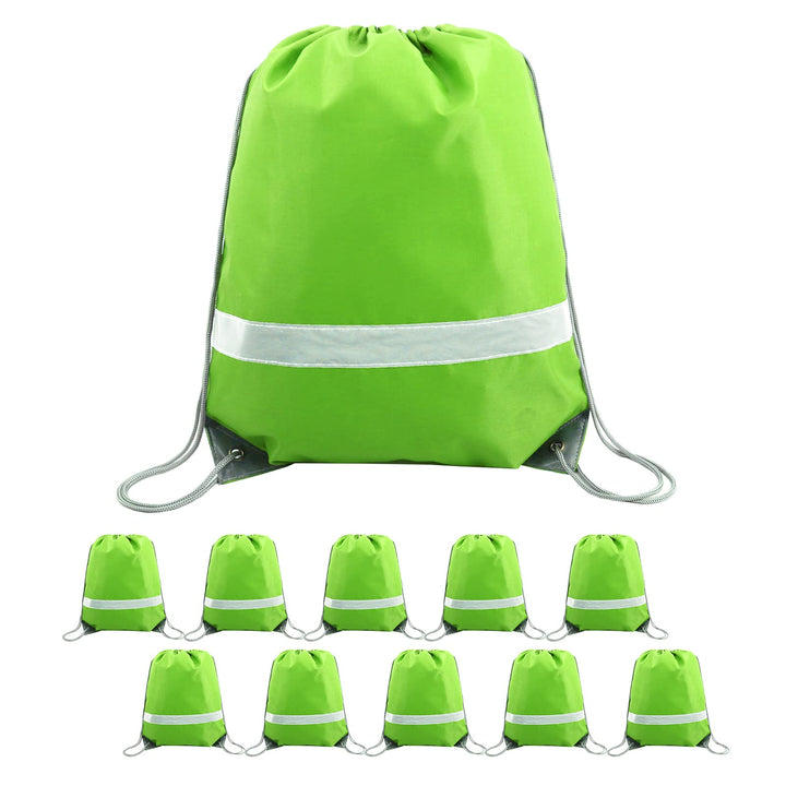 BeeGreen Fruit Green Drawstring Backpack Bulk 10 Pieces Wholesale, String Backpack for Party Gym Sport Trip, Reflective Strips Cinch Sack with String, DIY Drawstring Bags for Women and Men.