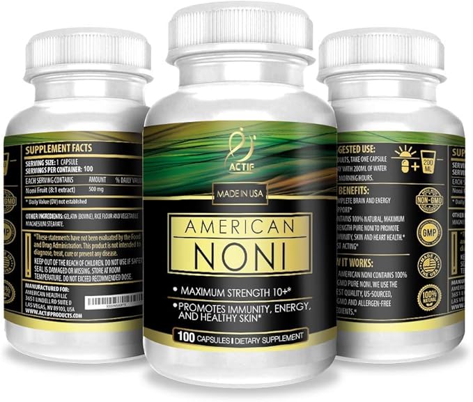 Actif Organic Noni Maximum Strength - 100% Natural Hawaiian Noni, Non-GMO, Made in USA, 100 Count