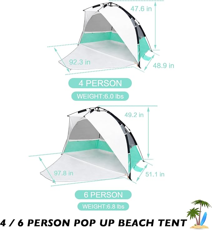 Beach Tent Pop Up Shade, Instant Beach Tents Sun Shelter with UPF 50+ UV Protection, Lightweight & Easy Setup Tent 2-6 Person