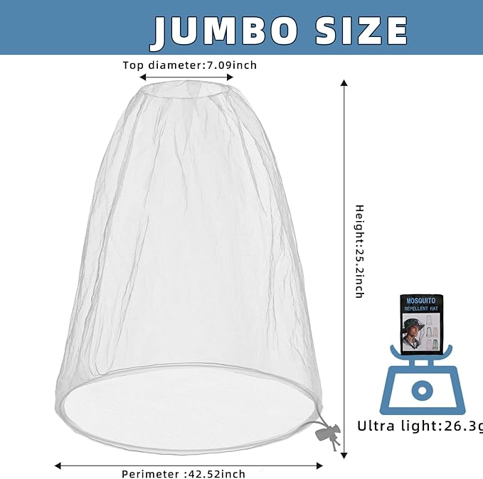 2 Pack Ultra Large Mosquito Net 42x25 Inches Mosquito Head Net Oversized Insect Netting Bug Fits Most Hats for Gardening Hiking Fishing Traveling(White)