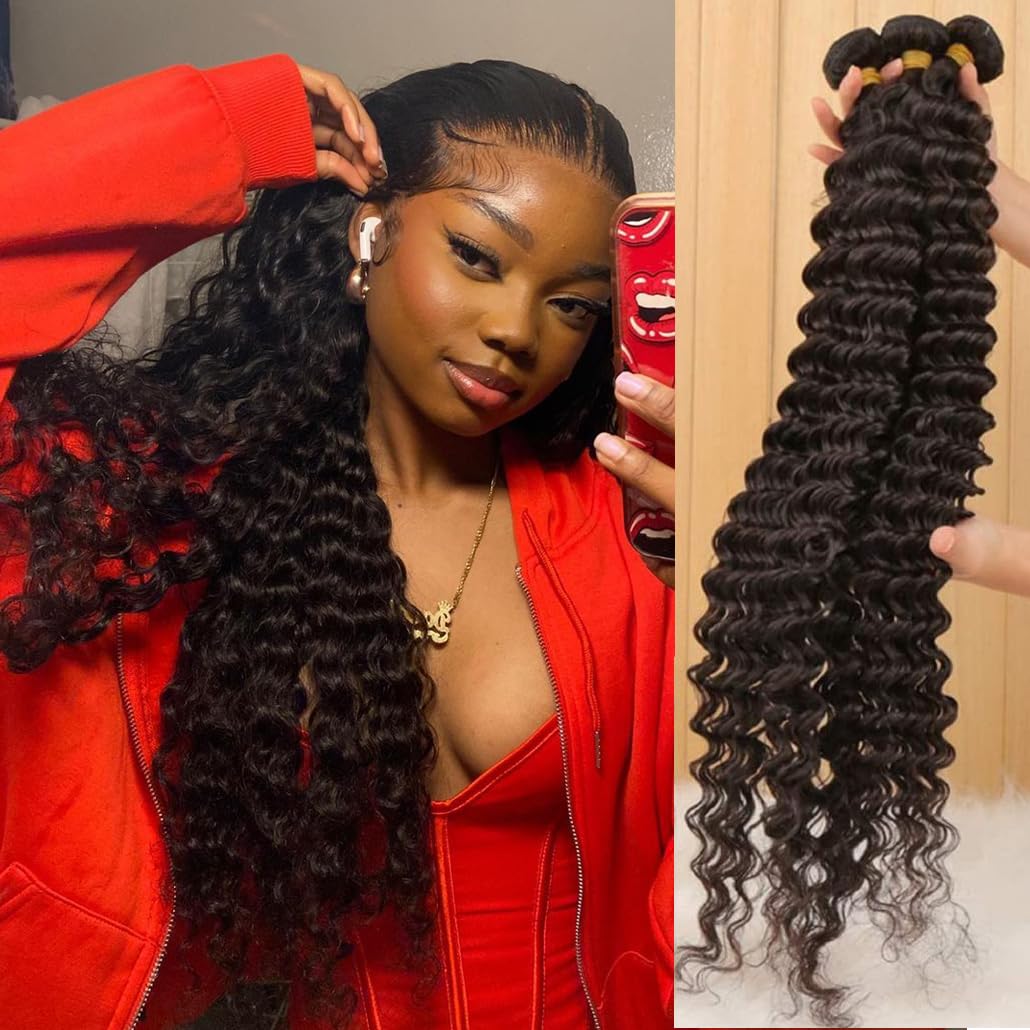 Younsolo Human Hair Bundles Deep Wave 3 Bundles (22 24 26Inches) 12A Grade Brazilian Virgin 100% Unprocessed Human Hair Deep Wav