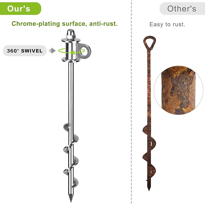 4 Pack Tent Stakes, 12 Inch Heavy Duty Ground Anchors, Full Welding, Easy to Screw in and Reusable, for Camping Tents, Trampolines, Sheds, Swing Sets, Securing Animals