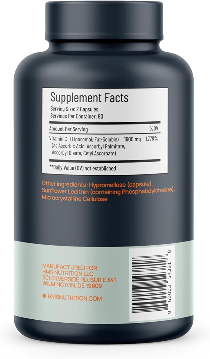 1600mg Liposomal Vitamin C, Fat Soluble VIT C, Higher Bioavailability Immune Support Supplement, Non-GMO Gluten Free NSF Certified Supplements, 180 Capsules