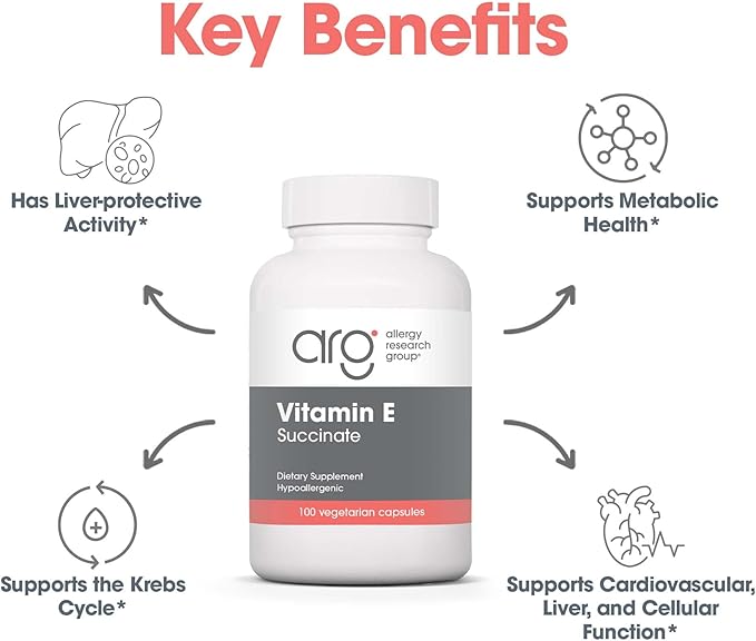 Allergy Research Group Vitamin E Succinate Supplement - for Men & Women, 400 IU D-Alpha-Tocopheryl, Antioxidant, Vegetarian Capsules - 100 Count