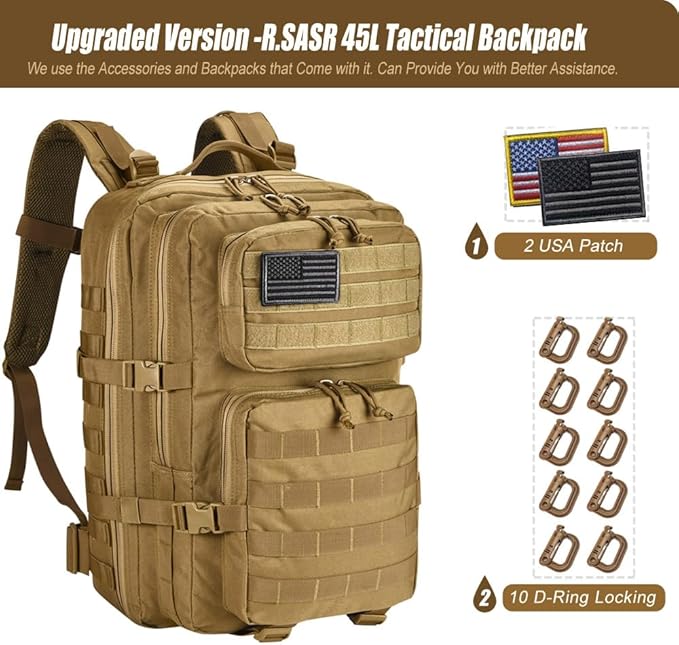 Military Tactical Backpack 45L Large Tactical Backpack for Men, Hiking Rucksack With Bottle Holder