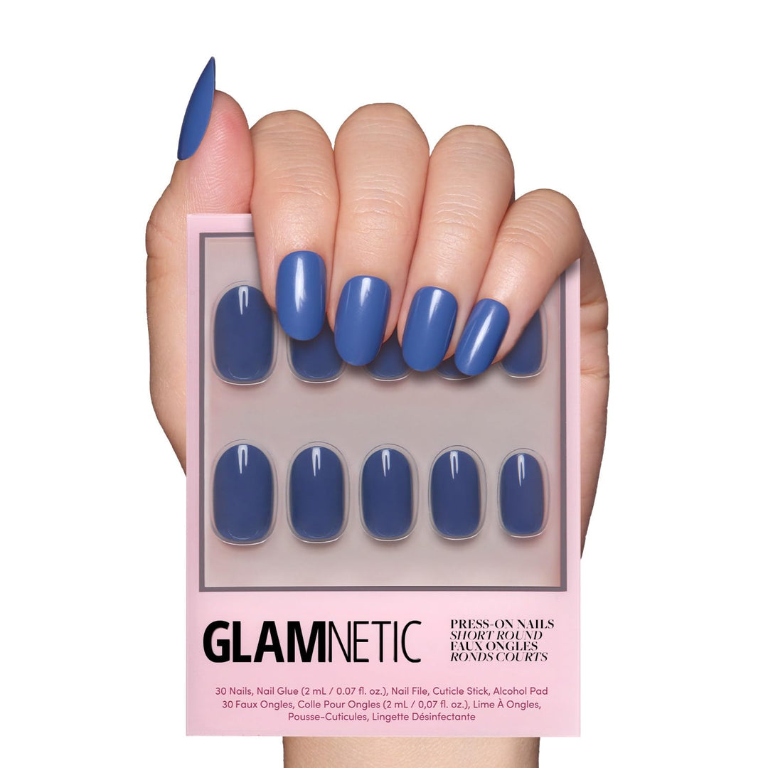 Glamnetic Press On Nails - Regal Blue | Opaque Dark, Moody Blue Short Round False Nails, Reusable Stick On Fake Nails with Glue | Salon Quality | 12 Sizes - 30 Nail Kit