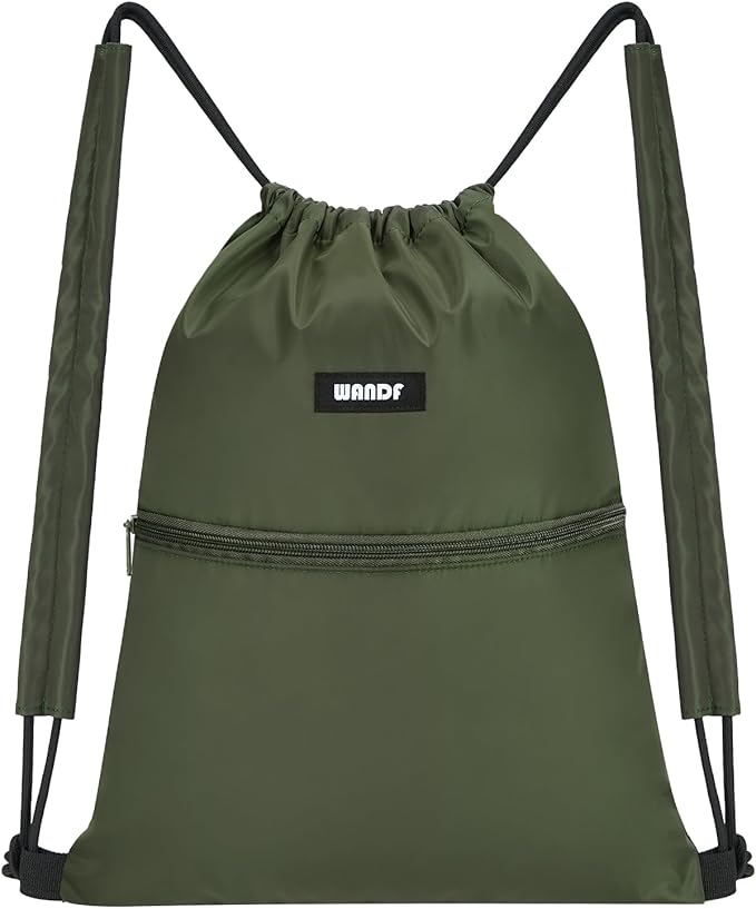 WANDF Drawstring Backpack Sports Gym Bag with Shoulder Pads Water Resistant String Bag Cinch Bag for Women Men (Dark Green)