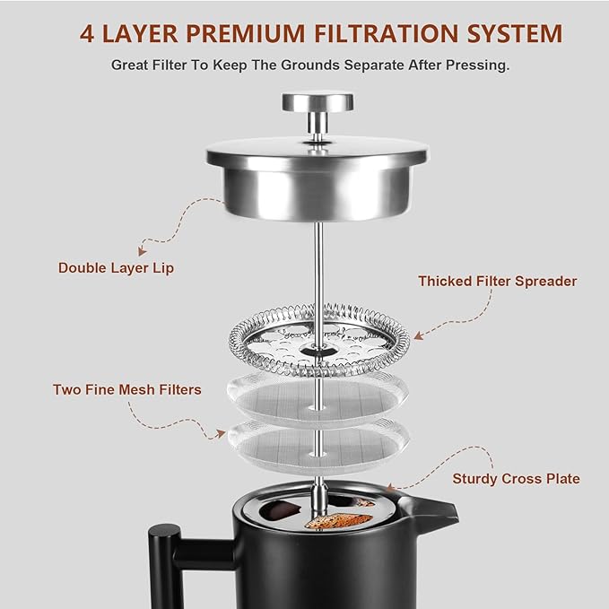 34 OZ Large French Press, Premium Stainless Steel Sturdy Insulated French Press Coffee Maker, 4-8 Cups French Coffee Press, Tea Presses for Home Kitchen Caming Loose Tea, Elegant Black