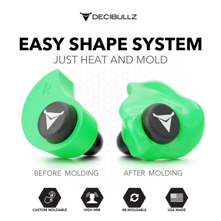 Decibullz - Custom Molded Earplugs, 31dB Highest NRR, Comfortable Hearing Protection for Shooting, Travel, Swimming, Work and Concerts (Green)