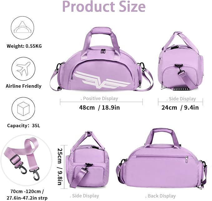 FIORETTO 30L Sports Gym Duffle Bag with Wet Pocket & Shoe Compartment, Weekender Hospital Overnight Bag for Women, Sports Holdall Backpack