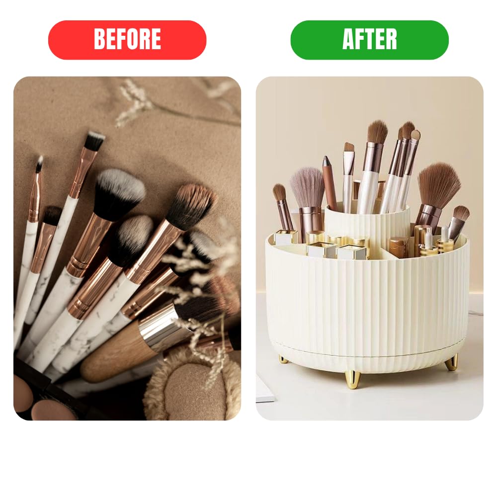 360° Rotating Makeup Organiser with 5 Compartments – Multi-Use Cosmetic Brush Holder and Desk Storage Container for Makeup, Jewelry, Stationery – Anti-Slip Base, Durable Design for Bedroom, (White)
