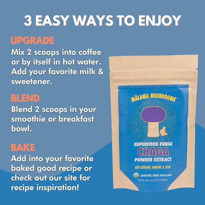 Chaga Extract Powder by Malama, Organic Fruiting Body Chaga Mushroom Powder, Superfood Adaptogenic, Supports Immune System, Skin Health, and Fatigue, 100 Servings