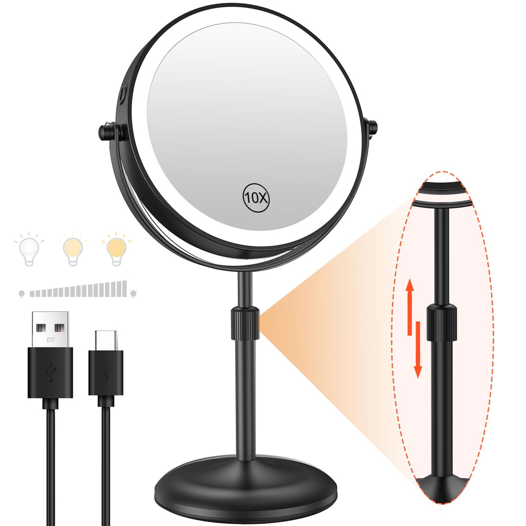 Benbilry Lighted Makeup Mirror With 10X Magnification & 3 Color Lights, Adjustable Brightness & Height, 7 Inch 360 Swivel Rechar
