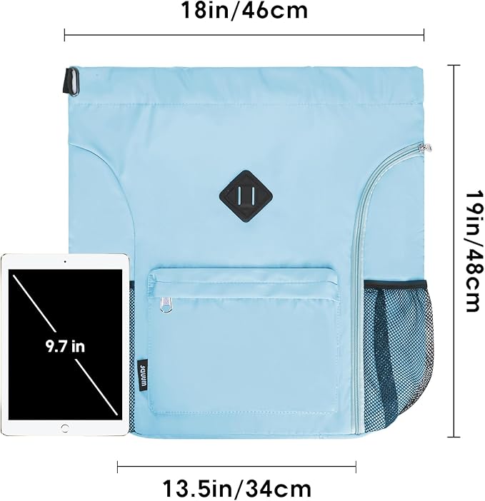 WANDF Drawstring Backpack Sports Gym Bag with Shoes Compartment, Water-Resistant String Backpack Cinch for Women Men(Large,Light blue)