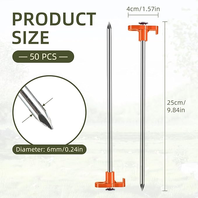 50 Pack Tent Stakes Heavy Duty 10 Inch Camping Stakes Yard Stakes Metal Tent Pegs for Ground Stakes Tent Spikes for Camping Garden Yard (Orange)