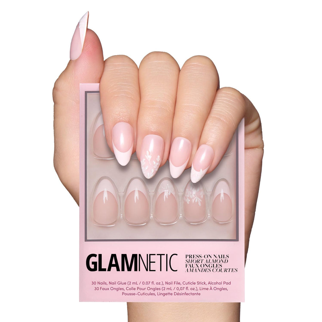 Glamnetic Press On Nails - All Time Love | Short Almond Nails with French Tips and Leaf Accents, Reusable Stick On Fake Nails | Love In Bloom Spring Nails | 15 Sizes - 30 Nail Kit with Glue