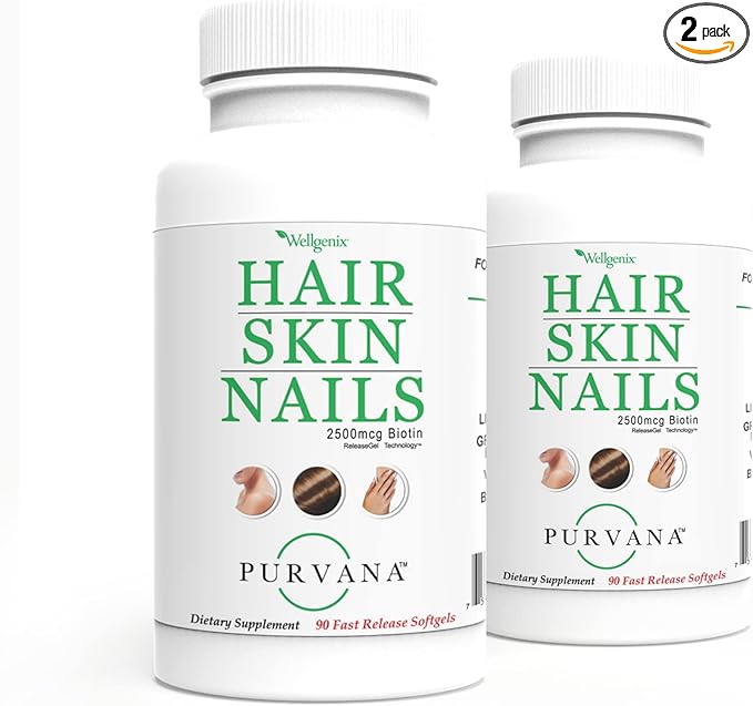 Wellgenix Purvana Hair, Skin, and Nails Vitamin Softgels for High Absorption - Double Strength 2500mcg Biotin, VIT A & B (90 Count) 2 Pack