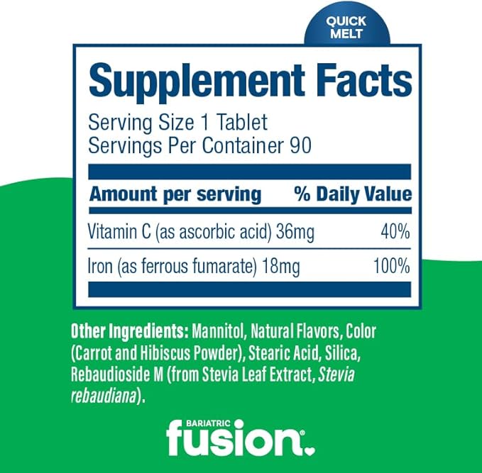 Bariatric Fusion Iron Supplement for Women Quick Melt | Sugar Free Dissolvable Chewable Iron Tablets | Ferrous Fumarate 18 mg Iron with Vitamin C | Melon Berry | Gluten, Dairy and Soy Free | 90 Count