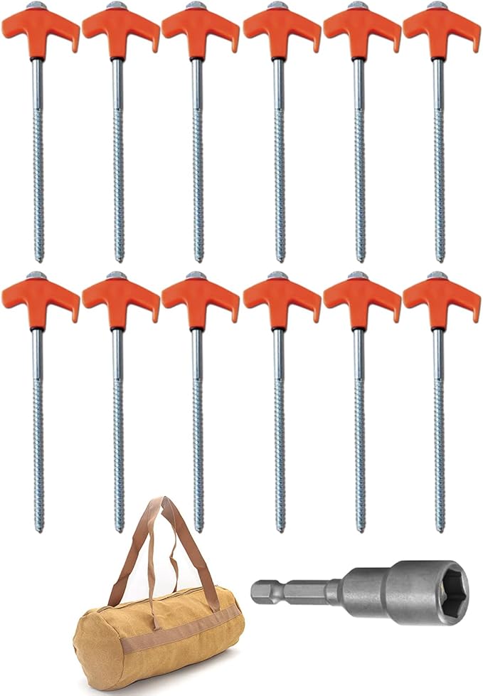 8" Screw in Tent Stakes - Ground Anchors Screw in, Screw in Tent Stakes Heavy Duty, Tent Pegs Camping Stakes, Metal Threaded Tent Spikes, Screw Tent Stakes with Hex Sleeves (12Pcs+Bag Orange)