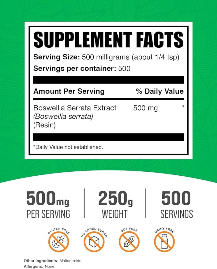 BulkSupplements.com Boswellia Serrata Extract Powder - from Frankincense Resin, Boswellia Serrata Powder - Herbal Supplement, Gluten Free, 500mg per Serving, 250g (8.8 oz) (Pack of 1)