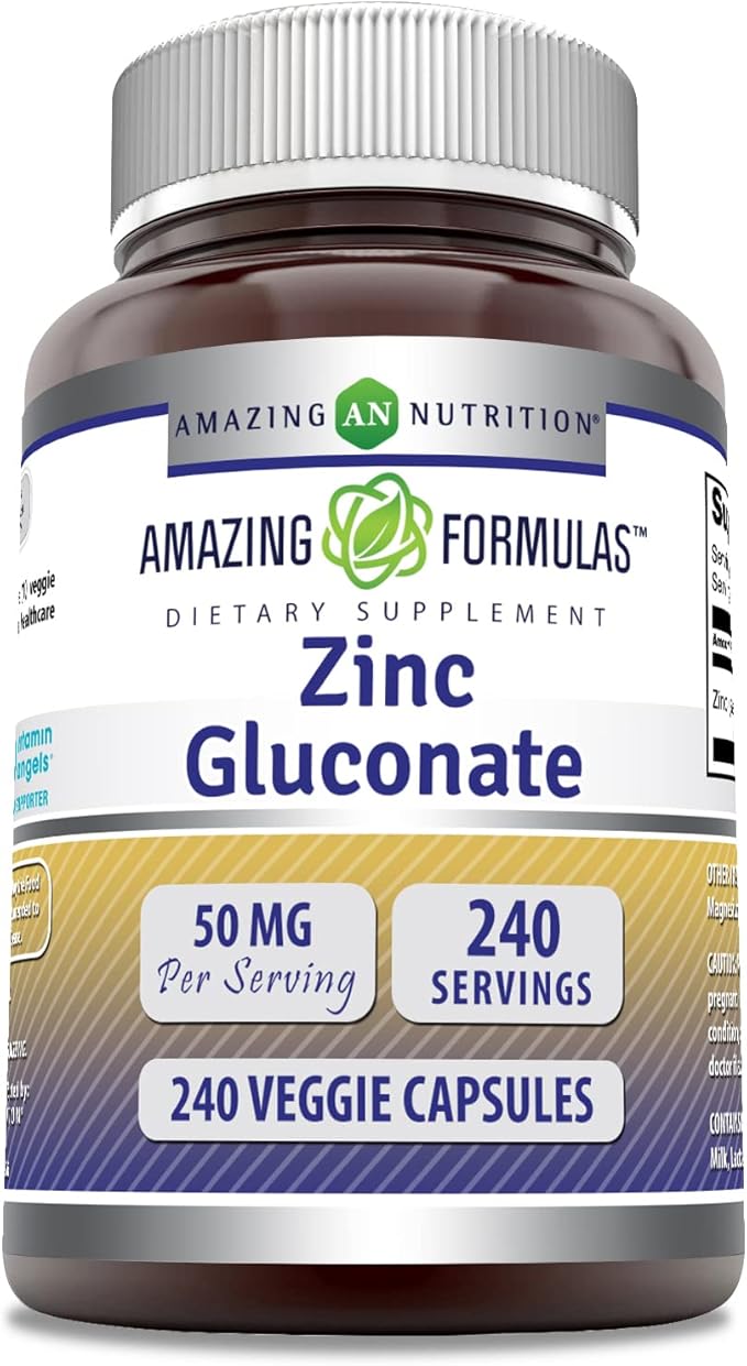 Amazing Formulas Zinc Gluconate Supplement | 50 Mg Per Serving | 240 Veggie Capsules | Non-GMO | Gluten Free | Made in USA