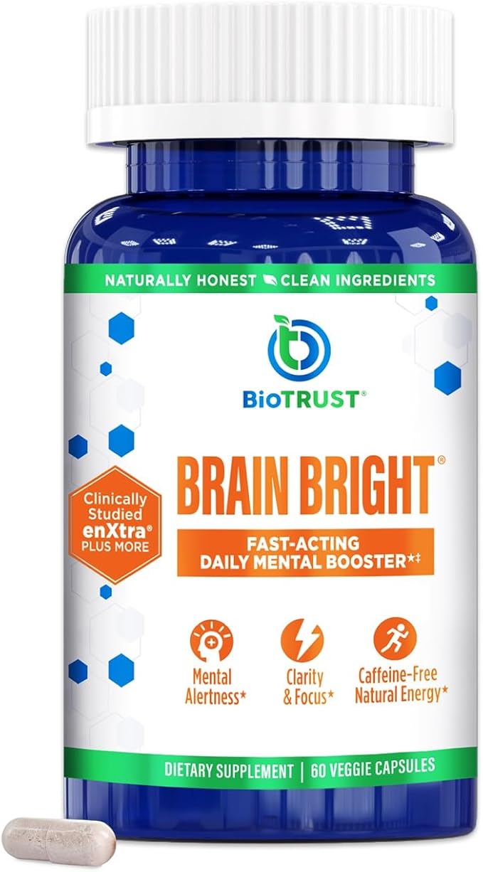 BioTrust Brain Bright – Daily Nootropic Boost for Focus, Concentration, Mental Clarity – Caffeine Free Nootropics Brain Support Supplement – Thai Ginger, Ginkgo, Folate, L-Theanine – 30 Servings
