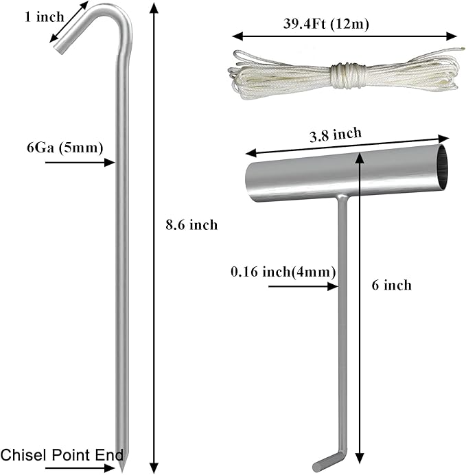 AAGUT 50 Pack Inflatable Stakes and Tethers, 9" Metal Camping Tent Stakes, Galvanized Garden Edging Fence Hooks, Ground Stakes for Trap and Christmas Decorations, Canopy Pegs with and Ties and T Hook