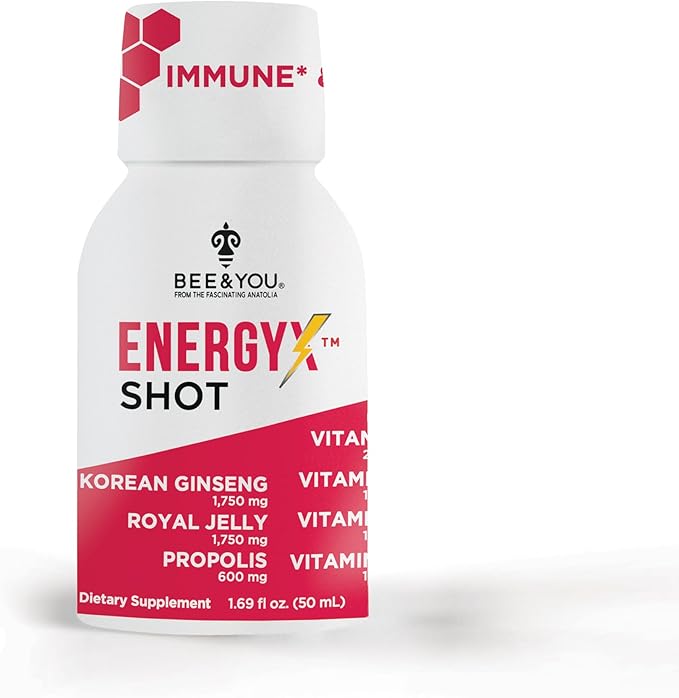 Bee and You Energy X Shot, 12 Pack, Korean Red Ginseng, Royal Jelly, Propolis, Caffeine Free Energy Drink, Vitamin C, B3, B6, B12, Immune Support Supplement, Antioxidants, Pomegranate Flavor