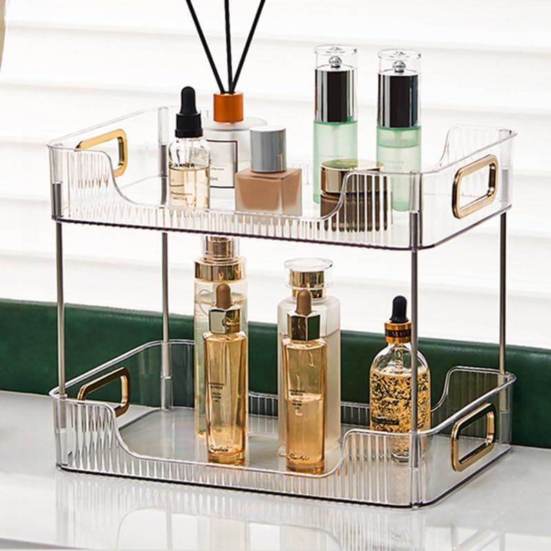 CESTATIVO Bathroom Counter Organiser, 2 Tier Vanity Tray, Cosmetic Makeup Storage Shelf, Bathroom Skincare Organiser Counter Shelf, Clear