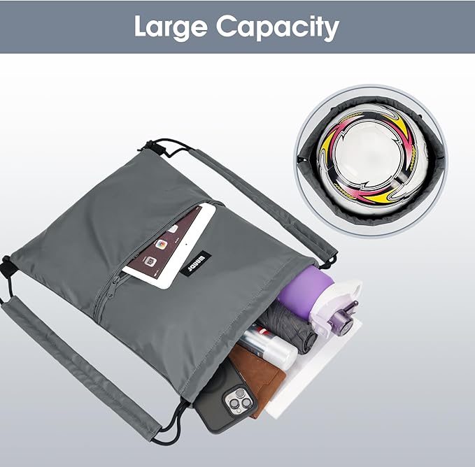 WANDF Drawstring Backpack Sports Gym Bag with Shoulder Pads Water Resistant String Bag Cinch Bag for Women Men (Grey)