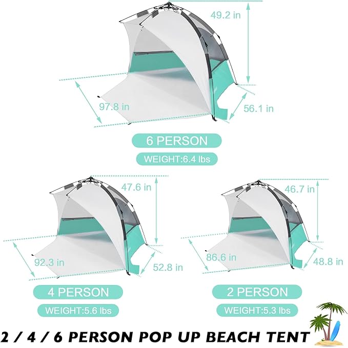 Beach Tent Pop Up Shade, Instant Beach Tents Sun Shelter with UPF 50+ UV Protection, Lightweight & Easy Setup Tent 2-6 Person