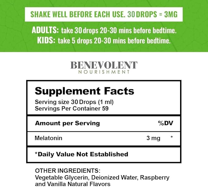 Benevolent Melatonin Liquid for Adults 3mg, Liquid Melatonin Drops for Kids 2 Month Supply, Berry Vanilla Flavor & Made in USA, Melatonin Sleep Aid Helps Fall Asleep Faster & Stay Asleep Longer