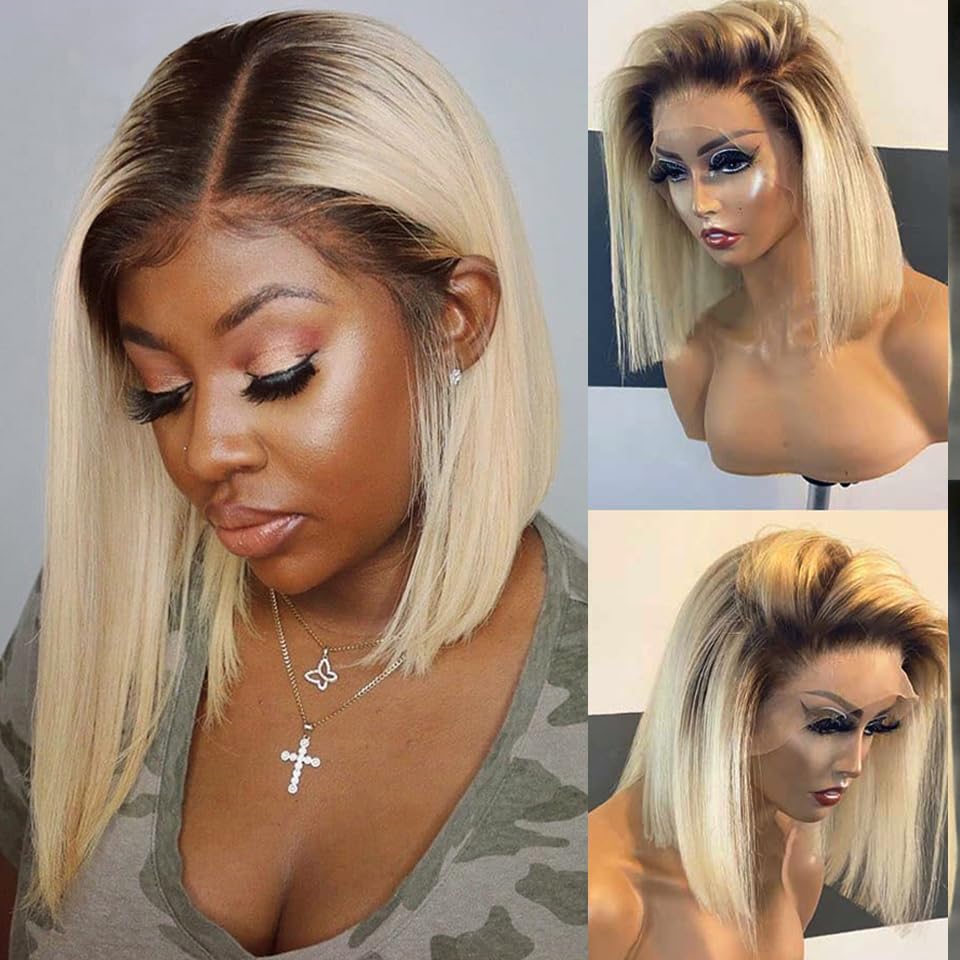 Smavida Glueless Lace Front Wigs Bob Human Hair Wigs Colored Ombre Blonde 13X4 Hd Transparent Brazilian Virgin Human Hair 150 De