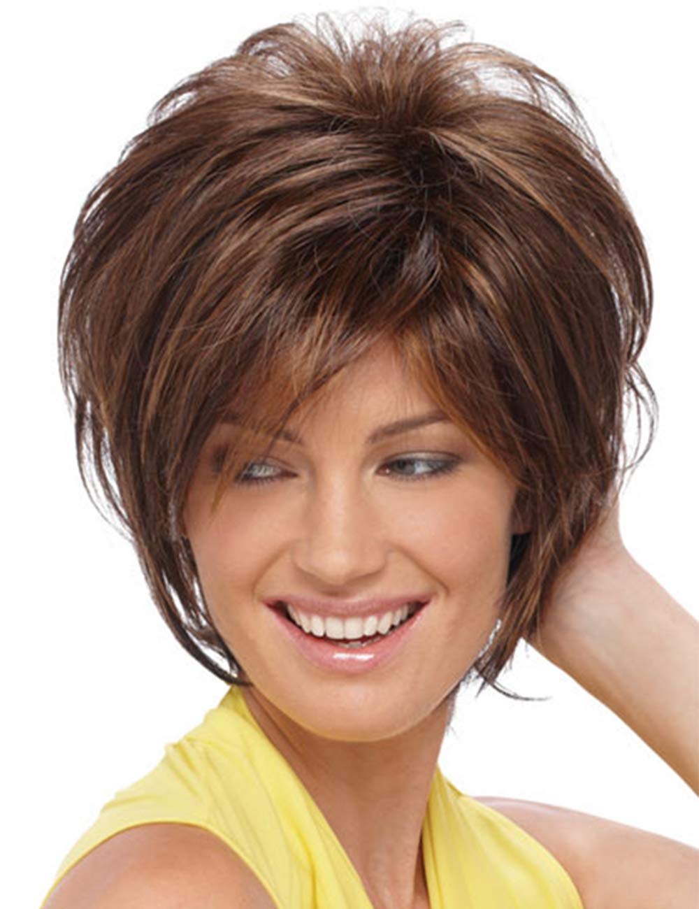RENERSHOW Short Mixed Brown Highlight Wigs for White Women Shaggy Layered Brunette Pixie Cut Wig with Bangs Synthetic Red Brown with blonde Hair Wig
