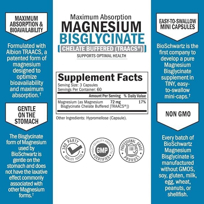Magnesium Bisglycinate Chelated Supplement - High Absorption Magnesium Supplement for Muscle, Bone & Joint Support - Non-GMO, Non-Laxative, Fully Buffered for Maximum Bioavailability - 180 Capsules