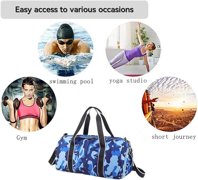 Kids Overnight Duffle Bag Girls Boys Sports Gym Bag with Shoe Compartment Wet Pocket Camouflage travel bag (Blue)