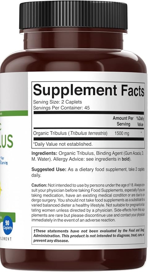 Brieofood Organic Tribulus 1500mg, 45 Servings, Vegetarian, Gluten Free, 90 Vegetarian Tablets