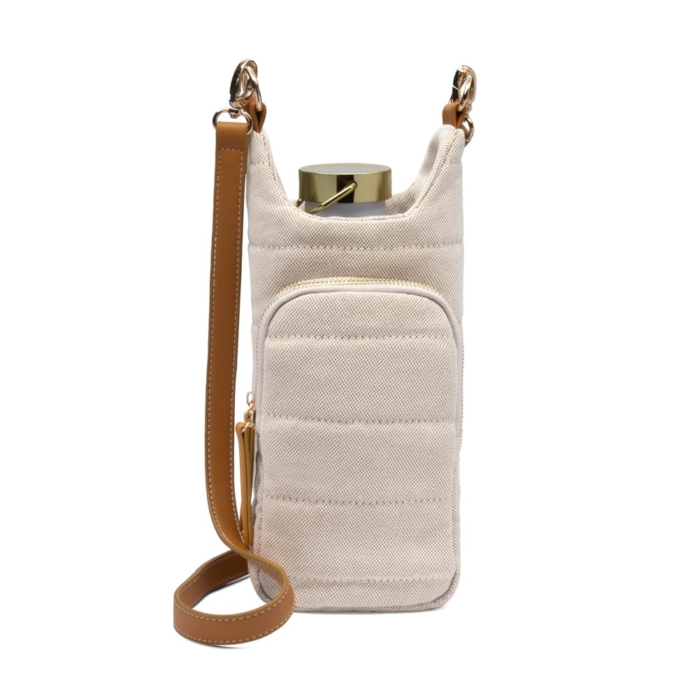 WanderFull Original Crossbody HydroBag | Quilted Water Bottle Carrier & Adjustable Vegan Leather Strap | Canvas Tote with Two Pockets for Phone & Accessories | Carry Travel Essentials (Oatmeal)
