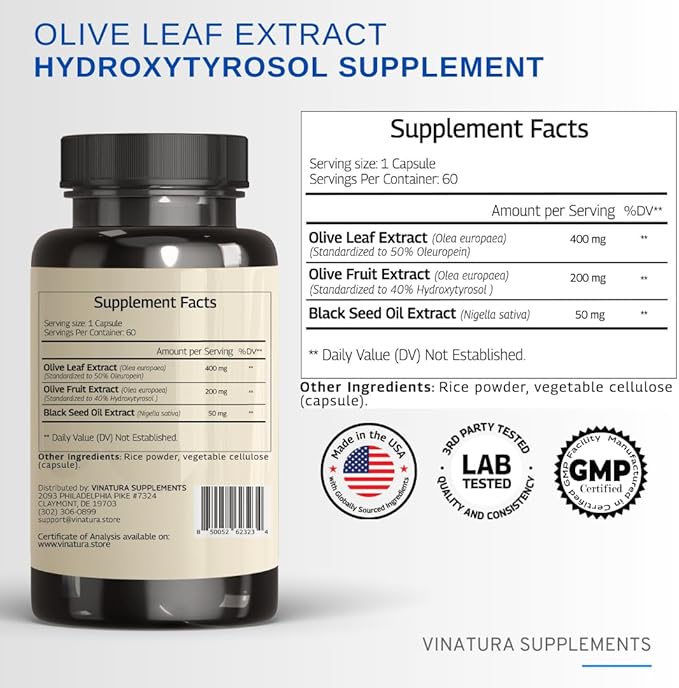 Olive Leaf Extract Hydroxytyrosol Supplement - 40% Hydroxytyrosol Olive Fruit Extract, 50% Oleuropein Olive Leaf Extract Capsules - 60 Capsules