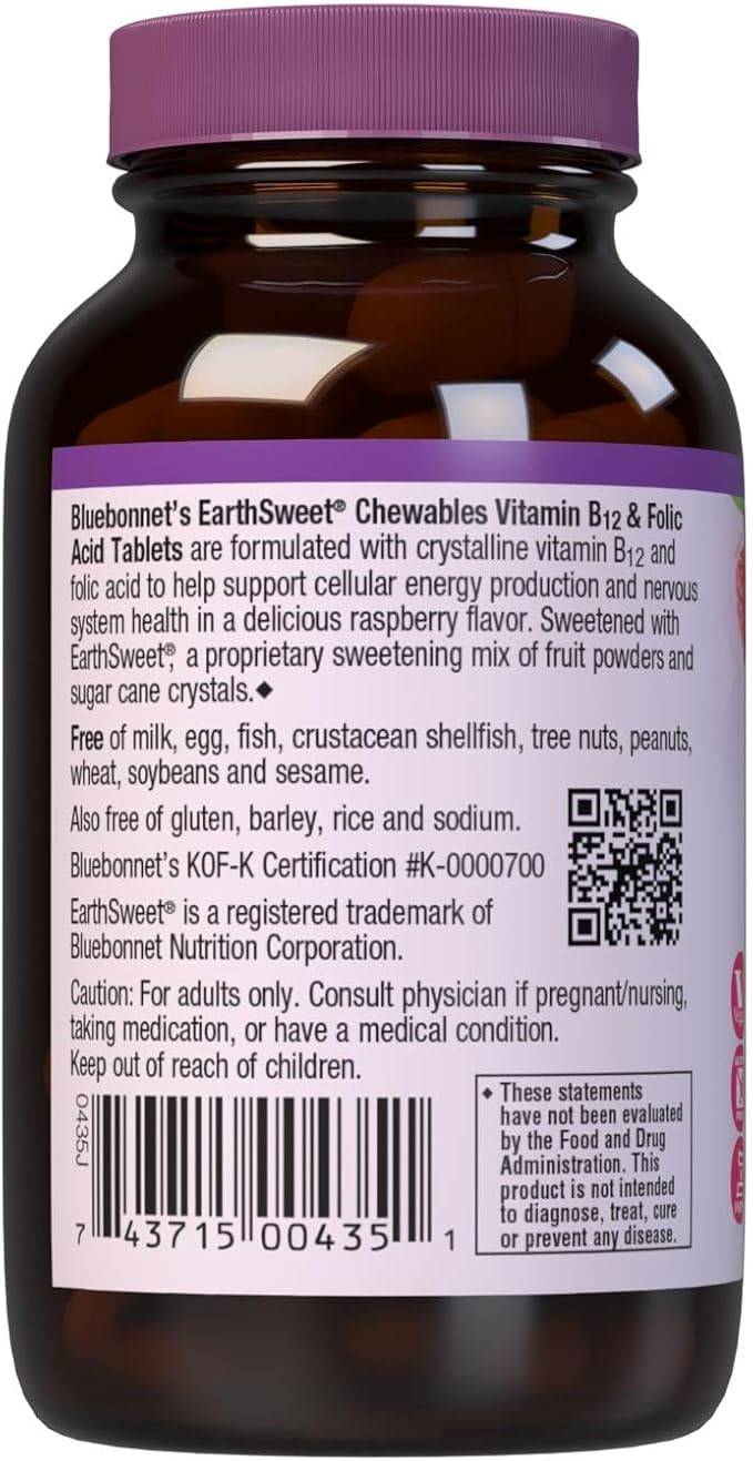 Bluebonnet Nutrition Earth Sweet Vitamin B12 1000 mcg & Folic Acid 400mcg Brain Health & Energy* Vitamins for Women & Men - Vegan, Gluten-Free Raspberry B 12 Vitamin - 180 Chewable Tablets