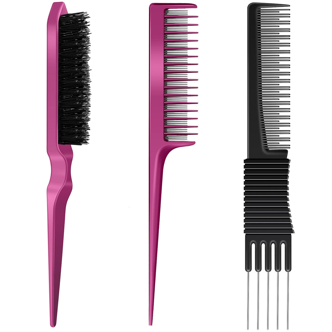 3 Pieces Pick Teasing Combs Hair Brush Set Includes Black Carbon Lift With Metal Prong, Triple Pin Rat Tail Comb, Nylon Bristle