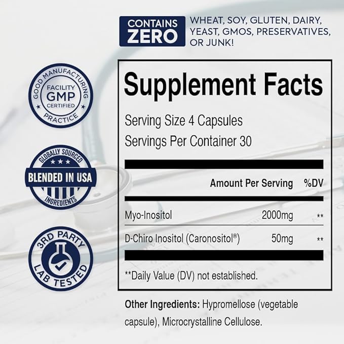 ZnS Myo-Inositol & D-Chiro Inositol Supplement | Hormonal Balance & Menstrual Cycle Support | 40:1 Ideal Ratio | Ovarian Health & Fertility Aid | 2050mg | 30-Day Vegan Capsules