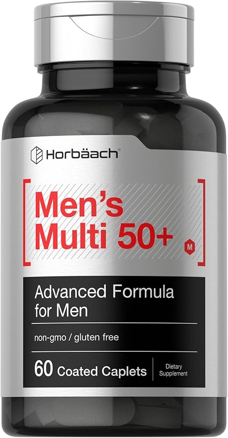 Horbäach Mens Multivitamins 50 Plus | 60 Caplets | with Calcium, Magnesium, Vitamin A, B, C, D & E | 50+ Advanced Formula | Non-GMO & Gluten Free Supplement