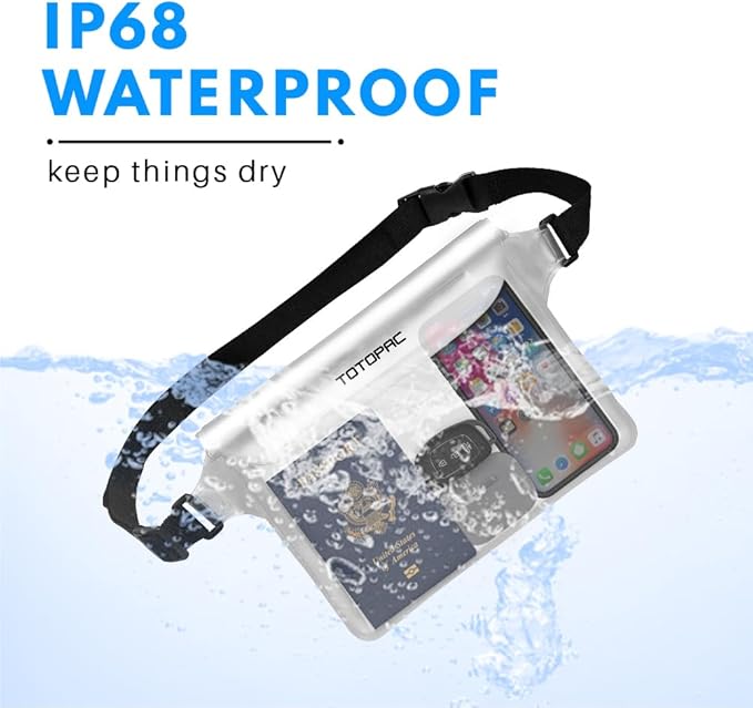 2-Pack Waterproof Fanny Pack, Phone Pouch with Waist Strap, 9x6.7 Inch Dry Bag for Phone, Cash, and Valuables – for Swimming, Kayaking, Boating, Snorkeling, and Water Sports (2, Blue + White)