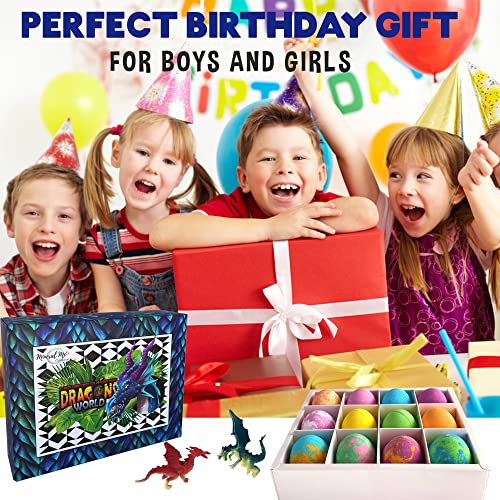 Bath Bombs for Kids with Surprise Inside - 12 Organic Bubble Bath Fizzies with Dragon Egg Toys. Gentle & Kids Friendly w/Rich Bubbles & Rainbow Colors, Birthday Gifts for Boys, Girls